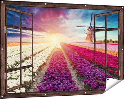 Gards Tuinposter Doorkijk Kleurrijke Tulpen Bloemenveld - Windmolen - 150x100 cm - Tuindoek - Tuindecoratie - Wanddecoratie buiten - Tuinschilderij