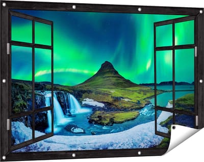 Gards Tuinposter Doorkijk Noorderlicht bij de Watervallen in IJsland - 120x80 cm - Tuindoek - Tuindecoratie - Wanddecoratie buiten - Tuinschilderij