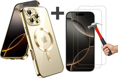 Hoesje met 2 Stuks Screenprotectors Geschikt voor iphone 16 Pro Hoesje - Geschikt voor MagSafe - Arara siliconen Backcover - Goud