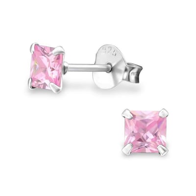 Aramat Jewels | Oorbellen | 925 Zilveren Vierkante Zirkonia Oorbellen 4-8mm - Princess Cut Studs | 4mm / Roze | | | Zilver | Kinderen, Volwassenen | Verkleurd niet