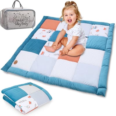 Baby kruipdeken, boxinzet, 100 x 100 cm, fluweel, dikke kruipdeken, patchwork, gevoerde speelmat, vloermat met zak, katoen met fluweel, blauw met vossen