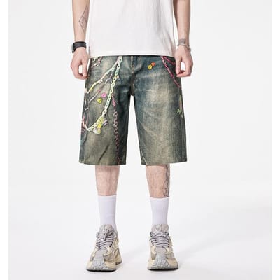 Short en jean imprimé chaîne bonbon 3D rétro pour homme, pantalon droit ample raccourci XL gray
