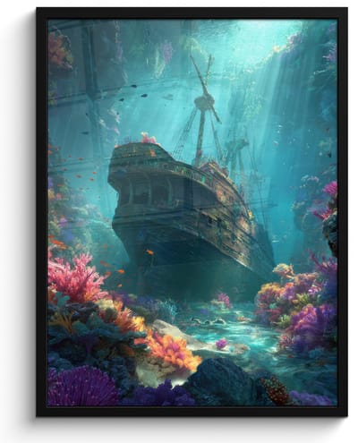 Poster in lijst - Fotolijst 60x80 cm - Posters - Schip - Hout - Koraalriffen - Zonlicht - Posterlijst zwart - Decoratie - Wanddecoratie woonkamer - Muurdecoratie slaapkamer