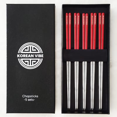 KoreanVibe Chopsticks Set - Eetstokjes - Vaatwasserbestendig - RVS - 5Paar - Zilver/Rood