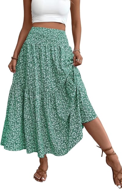 Zomerse Boho Chic Maxi Rok voor Dames, Hoge Taille, Elastische A-Lijn met Bloemenprint, Perfect voor Strand en Vakantie