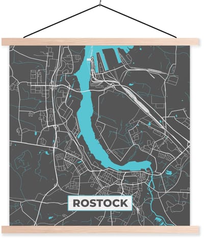 Posterhanger incl. Poster 120x120 cm - Schoolplaat - Blauw – Duitsland – Plattegrond – Stadskaart – Kaart – Rostock - Textielposter - Blanke latten - Stadskaart