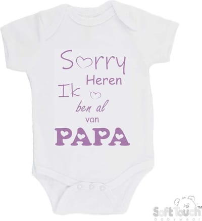 100% katoenen Romper "Sorry heren Ik ben al van PAPA" Meisjes Katoen Wit/lila Maat 56/62