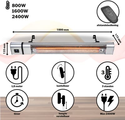 Leak-Care Hangende Terrasverwarmer - Infrarood - 2400W - Met Timer & Afstandsbediening - IP65 - Zilver