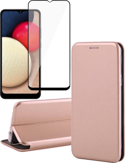Hoesje geschikt voor Samsung Galaxy A02s - Screen Protector FullGuard - Book Case Kunstleer ThinShield Roségoud & Screenprotector