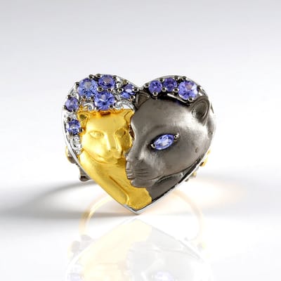 Cavill - Elegante Zilveren Ring 925 Sterling met 0,918ct Tanzaniet - Palladium - Marquise & Ronde Slijpsel - Hartaccenten
