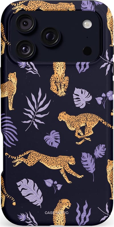 Casetastic hoesje geschikt voor Apple iPhone 17 Pro Max - MagSafe - Dubbellaagse bescherming - Cheetah charisma - Fashion Case - Donkerblauw Lavendel Taupe Perzik