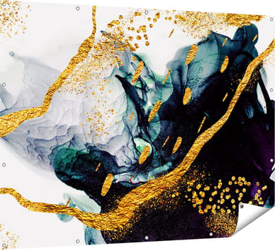 Gards Tuinposter Abstracte Kunst - Zwart Wit met Gouden Strepen - 160x120 cm - Tuindoek - Tuindecoratie - Wanddecoratie buiten - Tuinschilderij