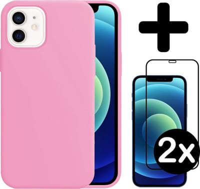 Hoesje - Met 2x Screenprotector - Geschikt voor Apple iPhone 12 - Sterk & Shockproof - Telefoon Hoes - Back Cover - Siliconen Case - Telefoonhoes - Lichtroze