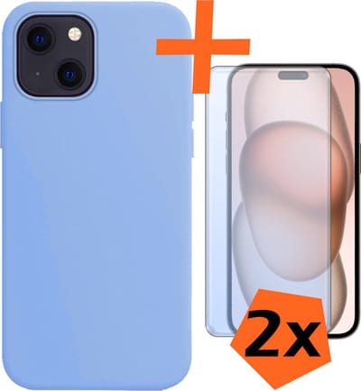 Hoes - Met 2x Screenprotector - Geschikt voor Apple iPhone 15 - Sterk & Shockproof - Back Cover - Siliconen Case - Telefoon Hoes - Lichtblauw