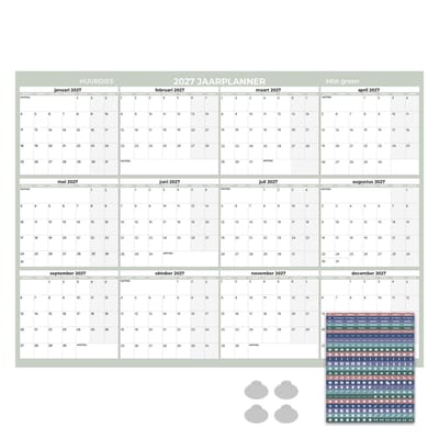 Huurdies Jaarplanner 2027 – Maandagstart – Inclusief Planningsstickers & Ophangstickers – 115 g/m² Blueback – Weekenden Gekleurd – Green Mist