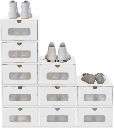 NAIZY 10x Schoenendozen Stapelbare Kraftpapieren schoenenopbergdoos met deksel en transparant venster schoenendoos schoenenorganizer 34,5 x 23,5 x 13,5 cm, wit
