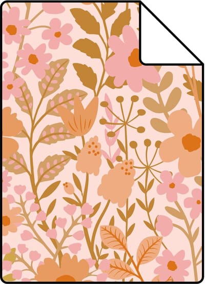 Proefstaal ESTAhome behang bloemetjes roze, olijfgroen en oranje - 26.5 x 21 cm - 131941-S