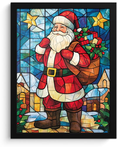 Poster in lijst - Fotolijst 30x40 cm - Posters - Kerstman - Glas - Kleurrijk - Posterlijst zwart - Decoratie - Wanddecoratie woonkamer - Muurdecoratie slaapkamer - Kerstversiering - Kerstdecoratie voor binnen - Kerstmis