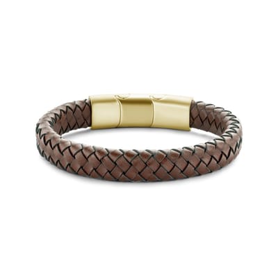Frank 1967 7FB-0520 Leren Armband - Heren - Leer - Gevlochten - Staal - 21 cm - Donker Bruin - Goudkleurig