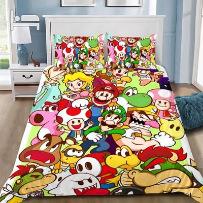 Spel Super M-Marios Dekbedovertrek Kussensloop Beddengoed Set Volwassen Jongen Meisje Slaapkamer Decoratie Kindercadeau Enkel Dubbel Grote Maat AU Double(180*210cm)3pcs