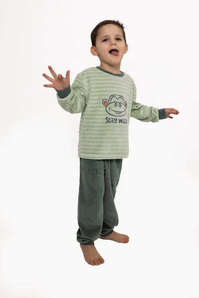 Outfitter - Jongens Pyjama - Velours - Monkey - Groen - Maat 116