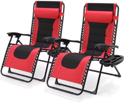 Gewatteerde Zero Gravity Lounge Chair - Tuinstoel - Ligbed - Voor Terras & Tuin - Opvouwbare Fauteuil met Verstelbare Hoofdsteun en Bekerhouder - Ondersteunt Tot 160 kg - 2 stuks - Rood