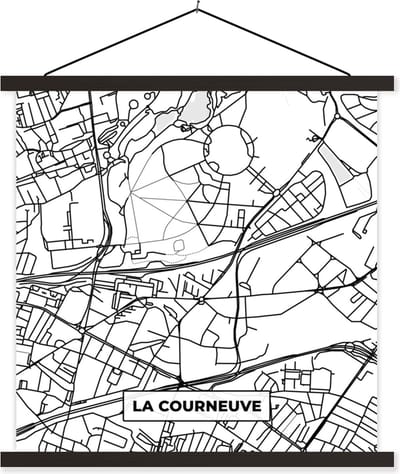 Posterhanger incl. Poster 60x60 cm - Schoolplaat - La Courneuve - Frankrijk - Kaart - Plattegrond - Stadskaart - Zwart wit - Textielposter - Zwarte latten - Stadskaart