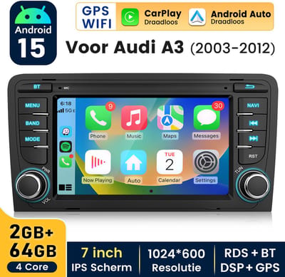 HexinexMarket Quad-Core autoradio Geschikt voor Audi A3 S3 RS3 8P- Draadloos CarPlay, Android Auto, GPS NAVI, Android 15, multimediaspeler, 2GB+64GB