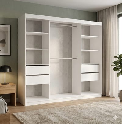 Kledingkast met Lamellen en Spiegel 180 cm Wit Zwart 3-Deurs Schuifdeurkast met Laden Planken en Kledingstangen Moderne Garderobekast Urbanhome