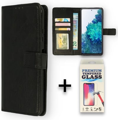Casemania Hoesje + Glas Geschikt voor Xiaomi Redmi 9T - Zwart - Portemonnee Book Case met Pasjeshouder en Ingebouwde Standaard + Glazen Screenprotector