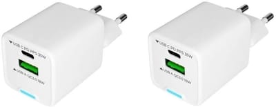 2 stuks OneOne 35W super snellader met 2 poorten. USB C en USB A. GAN Quick Charge lader. PD PPS oplader adapter past op Universeel Microsoft, LG, Lenovo, HTC, Honor, Samsung Galaxy, Motorola Moto, Google Pixel, Kobo (Rakuten), Apple iPhone / iPad