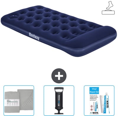 Bestway luchtbed - 1-Persoons - 99 x 188 x 28 cm - Blauw - Inclusief pomp - Hoeslaken - Pomp en Reparatieset