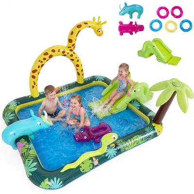 Coast Dieren in de Jungle Opblaasbaar Zwembad met Glijbaan en Sprinkler - Ringwerpspel Waterspeelcentrum voor Kinderen - 208x178x138 cm - Multikleur