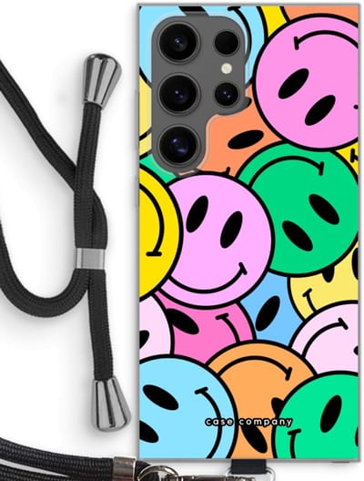 Case Company® - Hoesje met koord geschikt voor Samsung Galaxy S24 Ultra hoesje met Koord - Smiley N°1 - Telefoonhoesje met Zwart Koord - Bescherming aan alle Kanten en Over de Schermrand