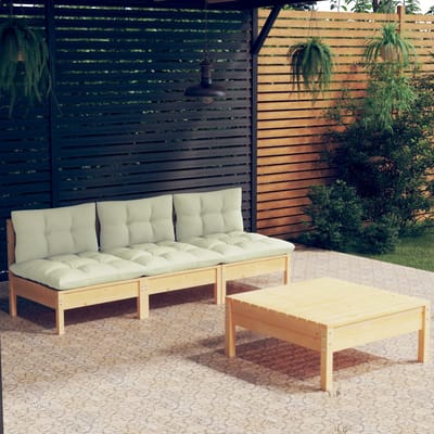 vidaXL - 4-delige - Loungeset - met - crèmekleurige - kussens - grenenhout
