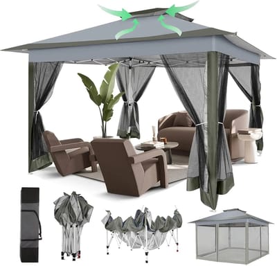Prieel - Tuinprieel - Partytent - Tuintent - Pop-up Prieel - Stabiel - Vouwtent - met Muggengaas - Opvouwbaar - Waterdicht - Hoogte Verstelbaar - 50+UV-Bescherming - voor Tuin - Buiten - Achtertuin - Oxford-stof - 3 x 3 m - Donkergrijs