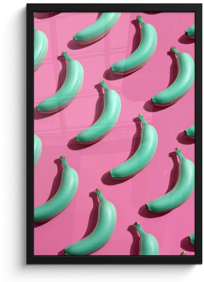 Poster in lijst - Fotolijst 40x60 cm - Posters - Bananen - Patroon - Blauw - Roze - Posterlijst zwart - Decoratie - Wanddecoratie woonkamer - Muurdecoratie slaapkamer