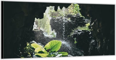 Dibond –Watervallen vanuit Grot– 200x100 Foto op Aluminium (Wanddecoratie van metaal)