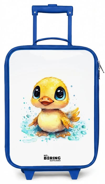NoBoringSuitcases.com® - Kinderkoffer blauw - Kindertrolley jongen - Lief eendje met blauwe ogen en waterspetters - Koffer kind lichtgewicht - Reiskoffer trolley voor kinderen - Koffertje met lichtgevende wieltjes - Rolkoffer