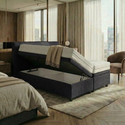 Mörgenn Opbergboxspring Havn met klep - Zonder Matras - Zwart - 90x200 cm - Inclusief Dekbed en Kussens