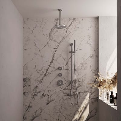 Brauer Brushed Edition thermostatische inbouw regendouche SET 17 met 20 cm douchekop en plafondarm en staaf handdouche en doucheslang en geïntegreerde glijstang RVS geborsteld PVD