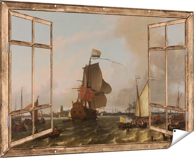 Gards Tuinposter Doorkijk Het Oorlogsschip Brielle op de Maas voor Rotterdam - Ludolf Bakhuysen - 180x120 cm - Tuindoek - Tuindecoratie - Wanddecoratie buiten - Tuinschilderij