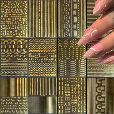Dailygoods - BelleVive 12 vellen gouden nagelstickers, stickers, gouden lijnen, nagelstickers voor nail art, nail art stickers, 3D, zelfklevende metalen strips, wave nagelstickers
