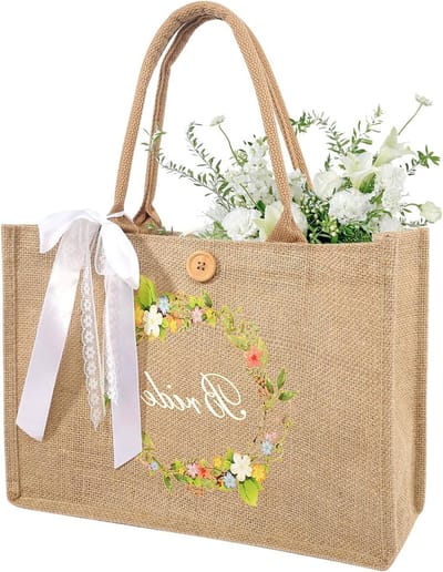 Allecto Plus - Jute shopper bag met opschrift Bride en wit lint - Bruiloft cadeau voor bruidsmeisjes - Gele bruidshandtas
