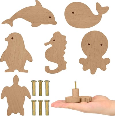 Houten dierenkastknoppen, decoratieve houten dressoirknoppen met schroeven, dressoir trekt hout mariene bosdieren knoppen meubelknoppen kinderkamer lade handgrepen voor decoratie (zeedier, 6 Stuks）