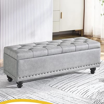 Opbergpoef Gestoffeerd - Ottomaanse Bank - Woonkamer Entree - Verborgen Opbergruimte - 80x40x43cm - Grijs