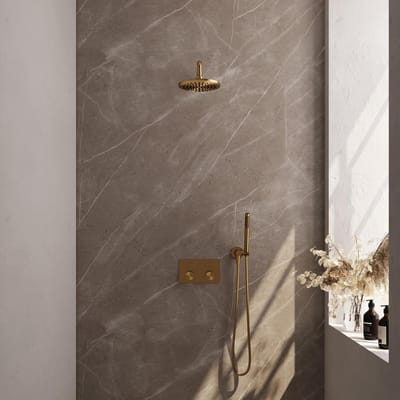 Brauer Gold Carving Thermostatische Regendoucheset Inbouw - Hoofddouche 20 cm - Gebogen Wandarm - Met Drukknoppen - Handdouche Staaf - Doucheslang - Wandaansluitbocht - Geborsteld Goud