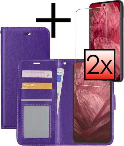 Hoesje - Met 2x Screenprotector - Geschikt voor Google Pixel 8a - Luxe Pasjeshouder - Bookcase Portemonee - Flip Case - Kunstleer Book Case - Flipcase Hoes - Book Cover - Walletcase - Portemonneehoes - Paars