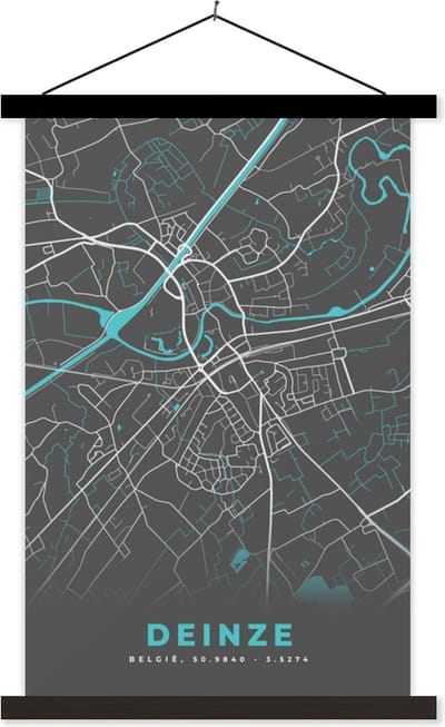 Posterhanger incl. Poster 40x60 cm - Schoolplaat - Plattegrond – Deinze – Blauw – Stadskaart - Kaart - Textielposter - Zwarte latten - Stadskaart