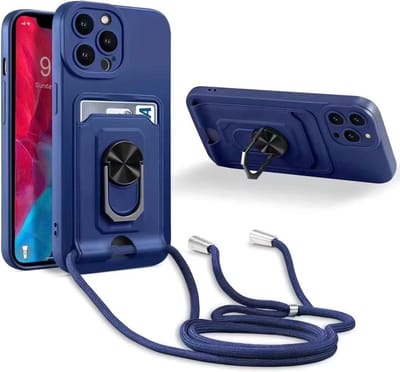 Telefoonhoesje met koord Geschikt voor: Apple iPhone 12 Pro - Pasjeshouder - Camerabeschermer - Magnetische Ringhouder - FuturiQ - Donkerblauw